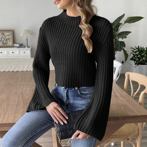 Pull en maille à col roulé pour femme, manches évasées, longueur courte, couleur unie, décontracté, automne, 100% acrylique, manches longues - Product Image 2
