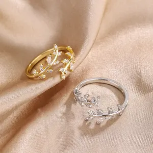 闪亮水晶锆石女开环可调钻石结婚戒指精致树叶戒指