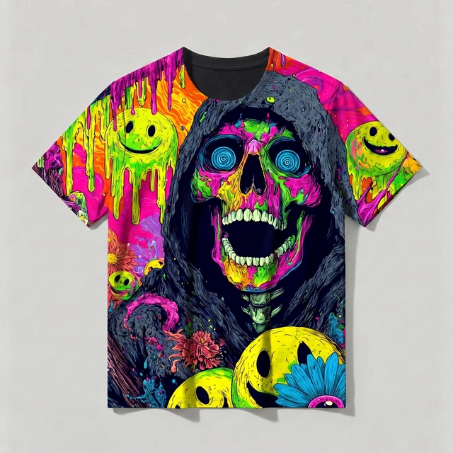Music Festival Essential Fluorescent Print T Shirt Quick Dry Polyester Top UV Reactive T Shirt
