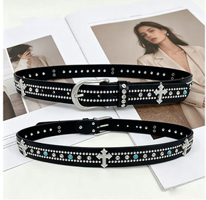 Cintura da donna stile retrò con fiori e strass, fibbia in lega, alla moda, hip hop, resistente, con rivetti in strass per pantaloni - Product Image 5