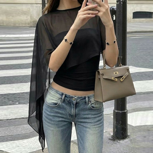 Women's Mesh Panel Round Neck T Shirt <b>Asymmetrical</b> <b>Hem</b> Short Sleeve Lightweight Casual Summer <b>Top</b> - Product Image 2