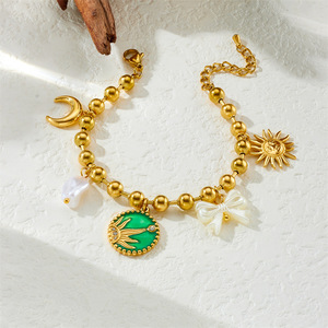 Fashion Charm Bracelet Gold Plated Moon Sun Bow Pearl Chain Zinc Alloy Gift Jewelry B1580 - Product Image 2