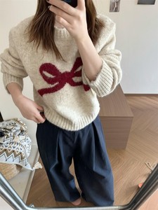 Hàn Quốc 2025 Mùa Thu/Mùa Đông phong cách mới giảm tuổi Bow Vòng cổ dài tay áo dệt kim áo len của phụ nữ đa năng - Product Image 6