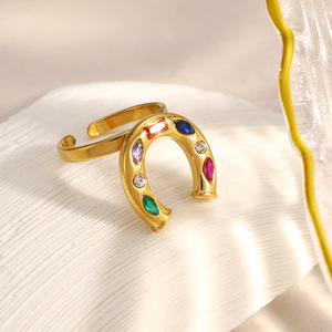 แหวนรูปทรงเกือกม้าประดับเพชรและเพทายหลากสี ชุบทอง 18K ดีไซน์เปิดสำหรับผู้หญิงใส่ได้ทุกวัน - Product Image 4