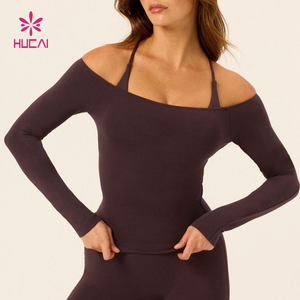 HUCAI Kaos Yoga Lengan Panjang Model Off <span class=keywords><strong>Shoulder</strong></span> Bahan Ringan 75% Nilon 24% Spandex untuk Wanita - Product Image 1