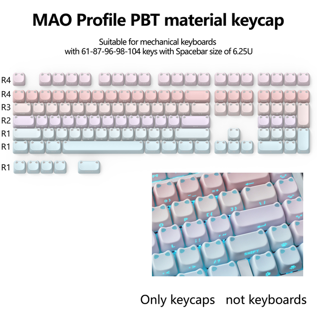 Mao Profile PBT Keycaps Double-Shot Dye-Sublimation Side Printed Taro Keycap Set, Ergonomic Mao Profile Custom Keycaps