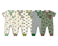 Preorder Romper Bayi Laki-laki Custom OEM, Motif Sapi Koboi Selatan, Lengan Pendek, Bahan Lembut dan Elastis, Kancing, Baju Tidur