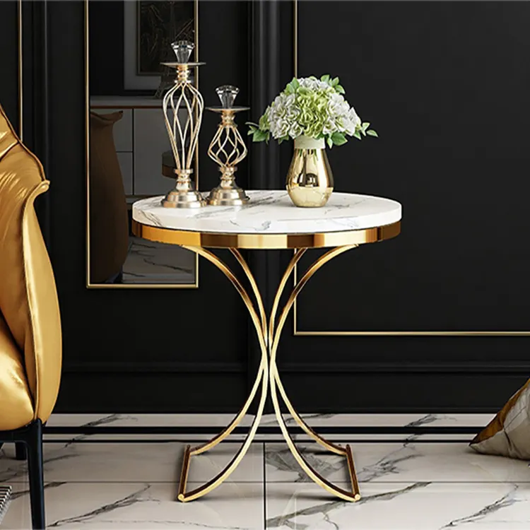 Meja Bundar Kecil Berbahan Logam Baja Tahan Karat Emas Modern dengan Perabot Meja Samping Sofa Ruang Tamu Marmer