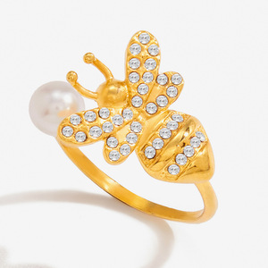 Bee <b>Ring</b> 18K Gold Plated Stainless Steel With Pearl And <b>Crystal</b> Insect Design For Women Jewelry Gift - Product Image 1