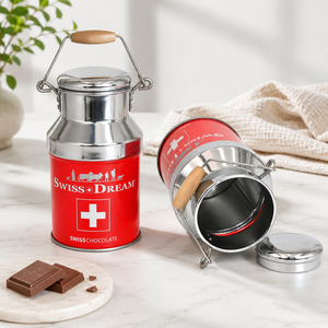 Caja de Metal con Forma de Lata de Leche con Asa de Madera, Caja de Metal Personalizada para Envasar Regalos, Snacks y Suplementos Alimenticios - Product Image 1