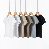 Kaos Wanita Katun Combed Spandex Crop V-neck Lengan Pendek - Gaya Minimalis Warna Solid Tanpa Perawatan Setrika Musim Semi/Panas