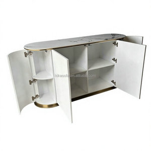 طاولة بوفيه عصرية بتصميم نورديك قابلة للتخصيص مع قاعدة من الفولاذ المقاوم للصدأ الذهبي وإطار خشبي أبيض وسطح من الحجر المتكلس - Product Image 2