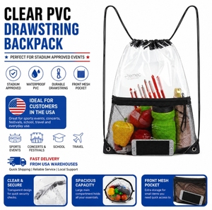 Fashion Custom Logo Clear PVC <b>Drawstring</b> Backpack Stadium Approved <b>Waterproof</b> Gym <b>Bag</b> With Mesh Pocket For Travel School Sports - Product Image 1
