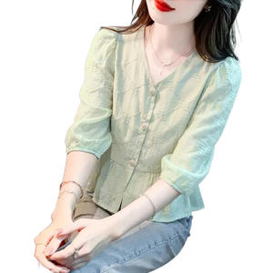 Camicie da donna alla moda alla moda stile Bag-24 eleganti e Casual con maniche a <span class=keywords><strong>tre</strong></span> <span class=keywords><strong>quarti</strong></span> <span class=keywords><strong>camicette</strong></span> Vintage con bottoni in tinta unita - Product Image 5