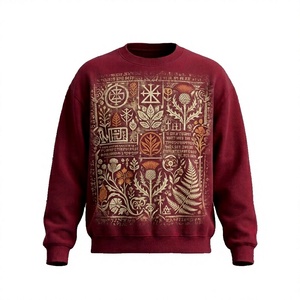 Men's Burgundy Crew Neck Pullover <b>Sweatshirt</b> <b>Vintage</b> Floral Rhinestone Front Print Regular Fit Knitted Cotton Casual Autumn Wear - Product Image 1