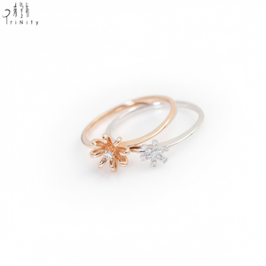 Bague empilable de qualité exceptionnelle, faite à la main, avec fleur et diamant, design 2 en 1, bijoux en or blanc rose 18 carats, diamant naturel véritable - Product Image 3