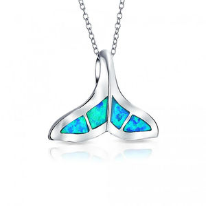 925 Silver Synthetic Blue <b>Opal</b> Inlay Whale Tail Pendant <b>Necklace</b> - Product Image 1