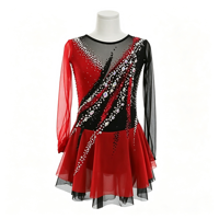 Robe de danse patinage rouge et noire en maille à manches longues avec strass, asymétrique diagonale, pour enfants et adultes, compétition et performance