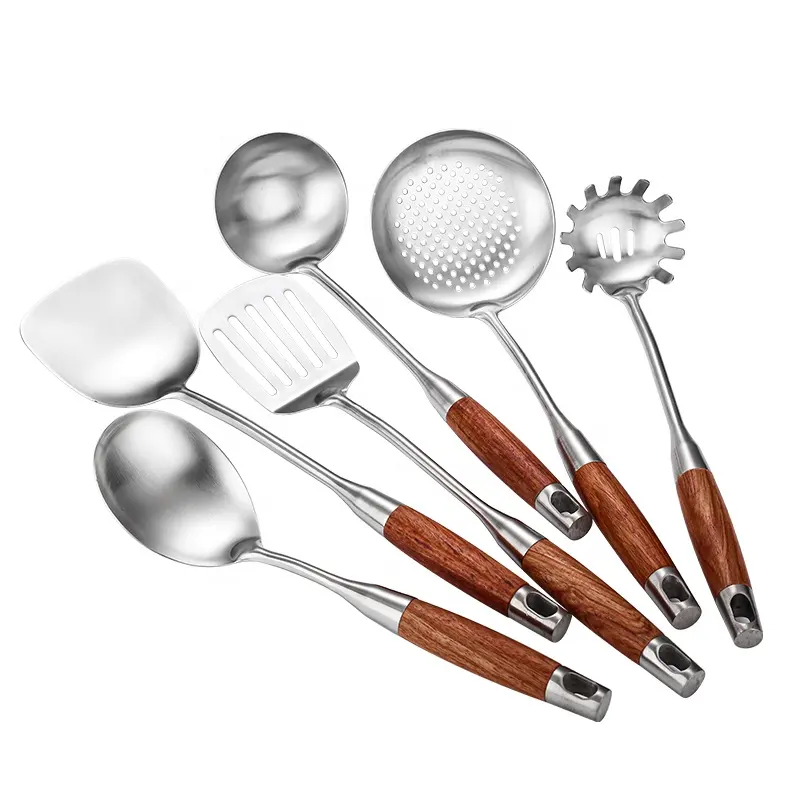 DAOQI — kit d'ustensiles de cuisine, ensemble d'ustensiles de cuisine en acier inoxydable avec manche en bois