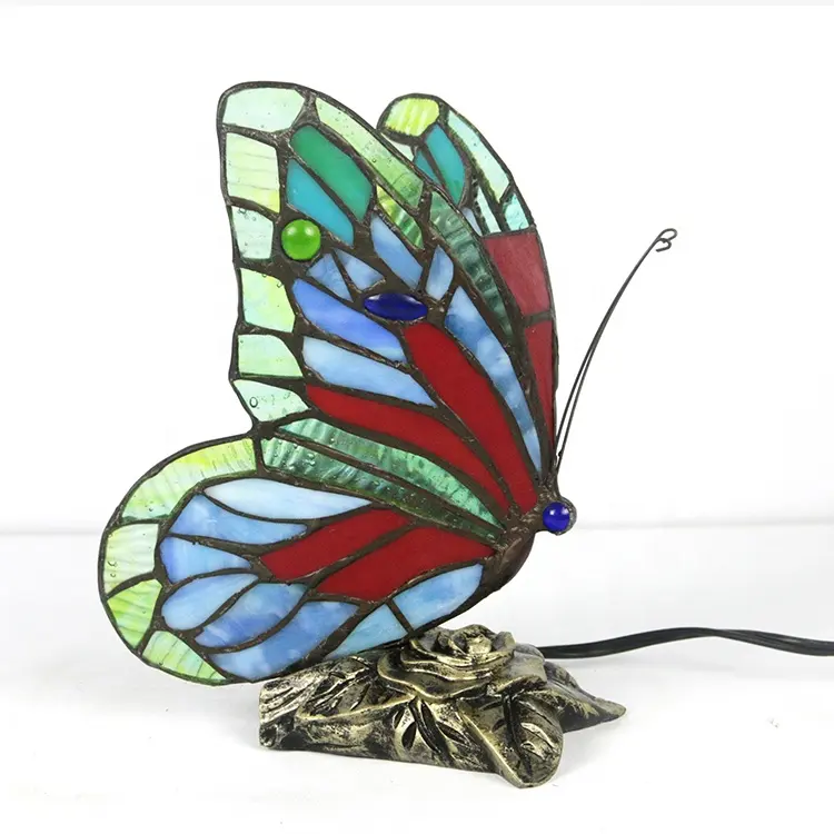 LongHuiJing Stained Glass Tiffany Butterfly Lamps With US/EU Plug In E27 Bedside LED Butterfly Light