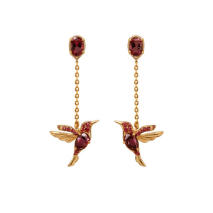 Orecchini E567 Colibrì in Oro con Diamante Rosso, Taglio Ovale, Montatura a Griffe, Gioielli Romantici da Donna per Feste - Product Image 1