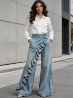 Jean pour femme à taille croisée, coupe asymétrique, en denim, jambe large, bootcut, style rétro Y2K, pantalon ample pour l'été