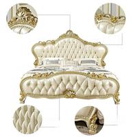 Europäisches Luxus-Doppelbett/Queensize-Bett-Set 1,8m Champagner-Gold Hochwertiges Prinzessinnen-Lederbett aus Massivholz mit Schnitzereien für Zuhause und Hotel