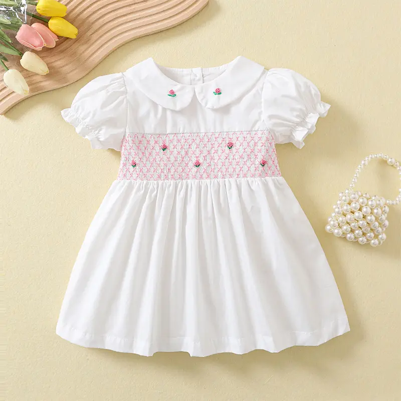 Summer New Girl's Dress Embroidered White Skirt Cotton Small Children Short Sleeve