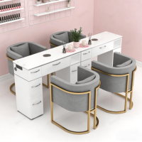 Meubles de salon de manucure en gros, table de manucure de luxe avec plateau en marbre, table de manucure blanche, bureau de manucure double ou triple places