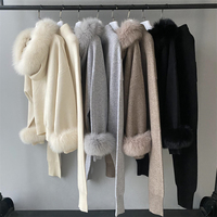 Ensemble deux pièces personnalisé Jxwatcher, manteau en laine tricotée avec poignets en fourrure de renard véritable, pantalon long, vêtements d'hiver, sweat à capuche en laine tricotée
