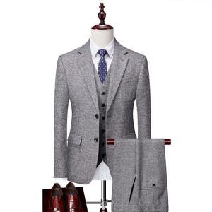 Otoño-Invierno Formal Negocios Esmoquin Boda Gris Lana Tweed Single Breasted Men Suite 3 Piezas - Product Image 5
