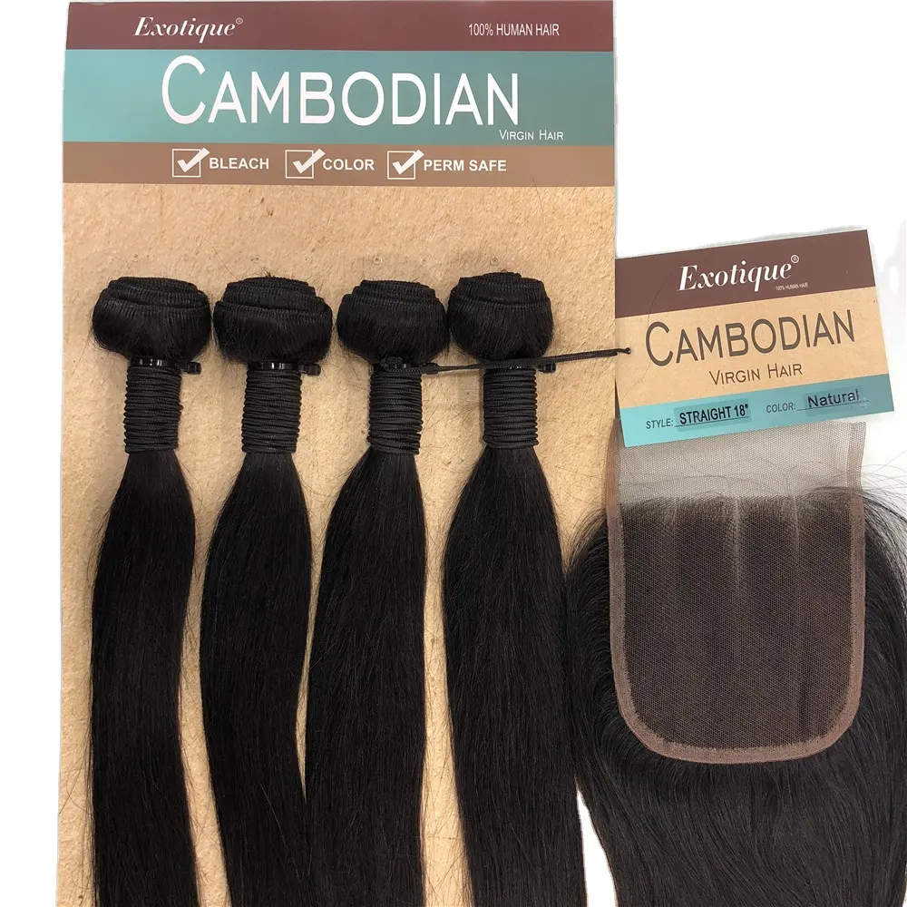 Rambut Paket 100% Rambut Remy Perawan Kamboja Penutup Bundel 18 "18" 18 "+ 14" 10A Penutup dan 4 Ikat Rambut