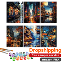 Kit de peinture par numéros DIY personnalisé 6 pièces pour adultes, ensemble de peinture par numéros moderne de rue nocturne européenne en gros pour décoration murale