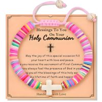 Bracelet de foi en perles d'argile polymère avec breloque croix et carte de bénédiction – Cadeau religieux pour baptême et première communion