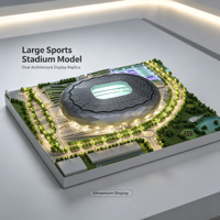 Maquette d'architecture de stade ovale de grande taille avec toit en diamant foncé, ouverture centrale verte, structure annulaire, éclairage