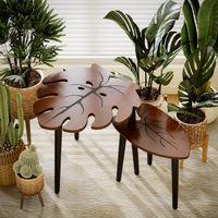 Ensemble de tables gigognes modernes en bois écologiques, motif veine de feuille de Monstera, petites tables d'appoint pour salon
