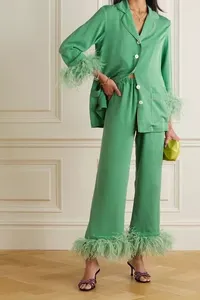 Pijama de algodón viscoso de avestruz para mujer, ropa de dormir de plumas delicadas y personalizadas, conjunto de dos piezas