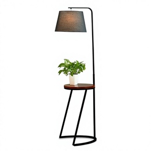 American Vintage Modern Textile Floor <b>Lamp</b> Wooden <b>Shelf</b> Black Fabric Bell Shade Touch Control LED Adjustable Height Dimmable for - Product Image 1