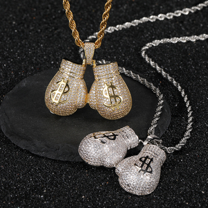 Mode Hop Hop Bijoux Pendentifs Plaqué Or 18k Glacé Zircon Diamant Boxe <span class=keywords><strong>Gant</strong></span> Pendentif Collier - Product Image 1