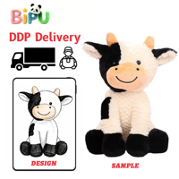 Fabricant de jouets en peluche en gros, Vache en peluche moelleuse avec patchwork violet et blanc, rembourrée en polaire bulle et coton PP, jouets en peluche