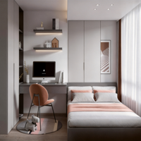 Ensemble moderne et intégré rose pour chambre et bureau à domicile avec lit, bureau, étagères LED et armoire multifonctionnel