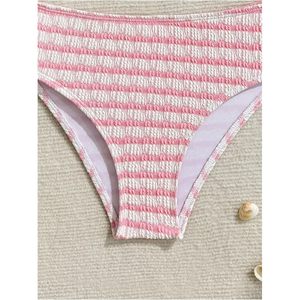 Ensemble de bikini smocké rayé rose pour fille FOXA, maillot de bain deux pièces dos nu, tissu extensible, vêtements de plage - Product Image 5