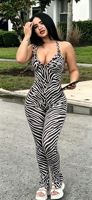 Jumpsuit Wanita Seksi Motif Hewan Leopard Zebra Sapi Jerapah Tanpa Lengan V-Neck Punggung Terbuka Bodycon Romper Panjang