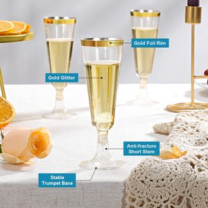 Flûtes à <span class=keywords><strong>Champagne</strong></span> en plastique, 2 pièces, 5OZ, avec bord pailleté doré, gobelets jetables de qualité supérieure, idéal pour la fête - Product Image 4