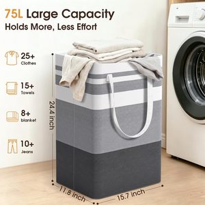 2 Pack Large Collapsible Laundry <b>Baskets</b> 75L Grey <b>Rectangular</b> Waterproof Freestanding Clothes Organizer - Product Image 3