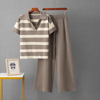 Ensemble deux pièces pour femmes tendance d'été, col polo, décontracté, rayé, haut en tricot à manches courtes, pull, pantalon ample, costume en tricot