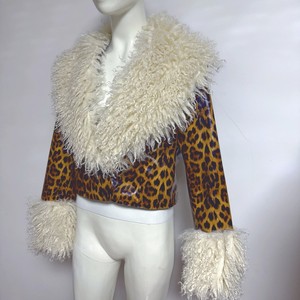RX Fourrures Moelleux PU Survêtement Femmes Recadrée Imitation Mongole Col De <span class=keywords><strong>Fourrure</strong></span> D'agneau et Poignets Faux Faux Cuir <span class=keywords><strong>Veste</strong></span> Polaire Manteau - Product Image 3
