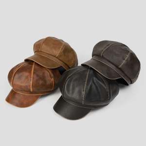 Béret en cuir PU vieilli style vintage pour homme et femme, collection automne-hiver 2025 – Casquette gavroche décontractée rétro à 8 panneaux - Product Image 1