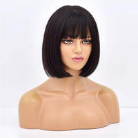 Perruque en cheveux humains élégante et tendance, courte, noire, de 12 pouces, fabriquée à la machine, avec frange pour femmes