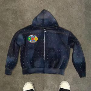 Fashion French Terry <b>Cropped</b> Zipper <b>Hoodie</b> Thick Heavyweight Acid Wash <b>Hoodie</b> Distressed Rhinestone Oversized <b>Zip</b> <b>Up</b> <b>Hoodie</b> - Product Image 4